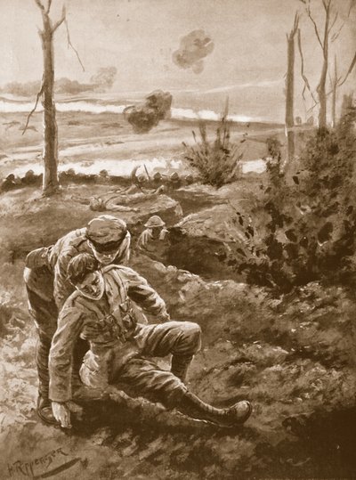 The Rev. W.R.F. Addison carries a wounded man to the cover of a trench under heavy rifle and machine-gun fire by H. Ripperger